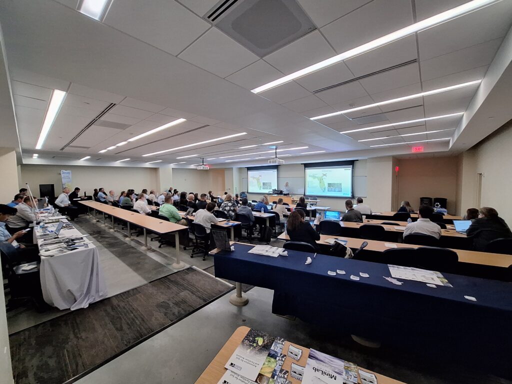 People sitting at tables with presentation on going.